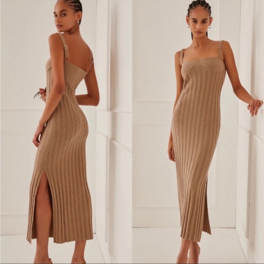 Something Navy Camel Ribbed Maxi Bustier Dress with Side Slit